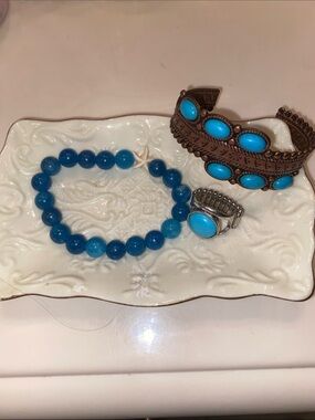 Turquoise color Blue Stones. 2 Bracelets and Ring Set . One Handmade!